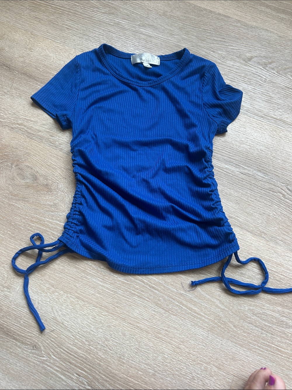Ribbed Ruched Side Tie Girl’s Top - Blue